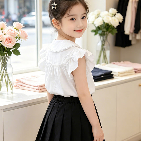 Mädchen elegante Bluse mit Spitzenkragen und Rüschendetails EB