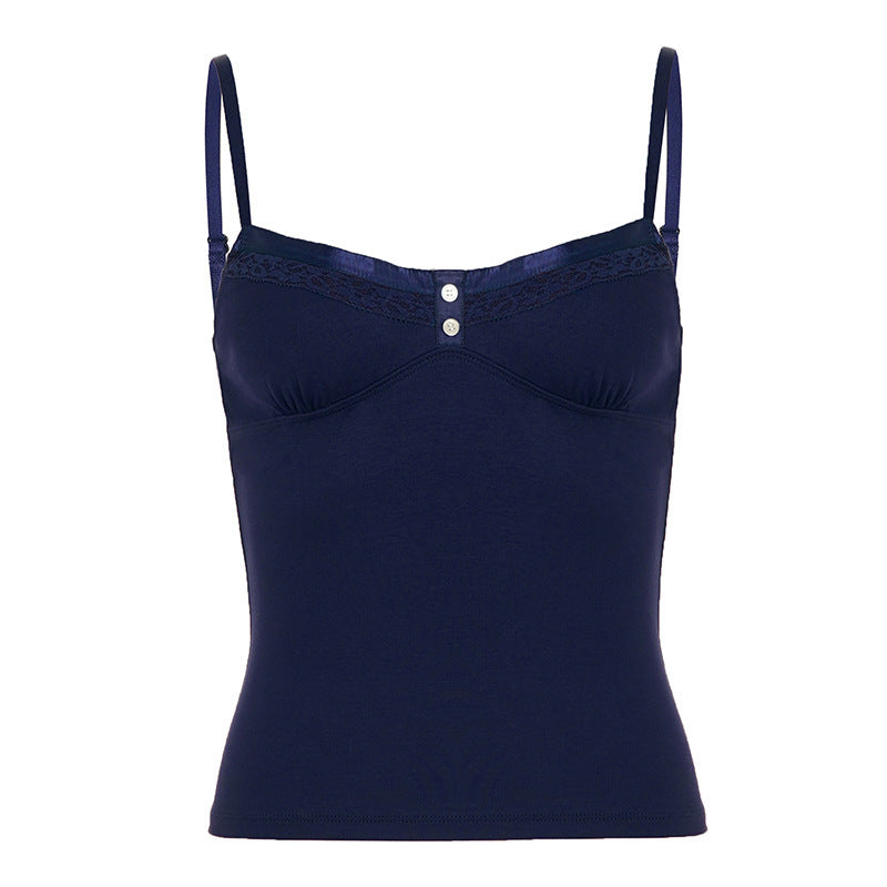 Damen Spaghetti-Trägertop mit eleganter Spitzenlage und Knopfleiste EB