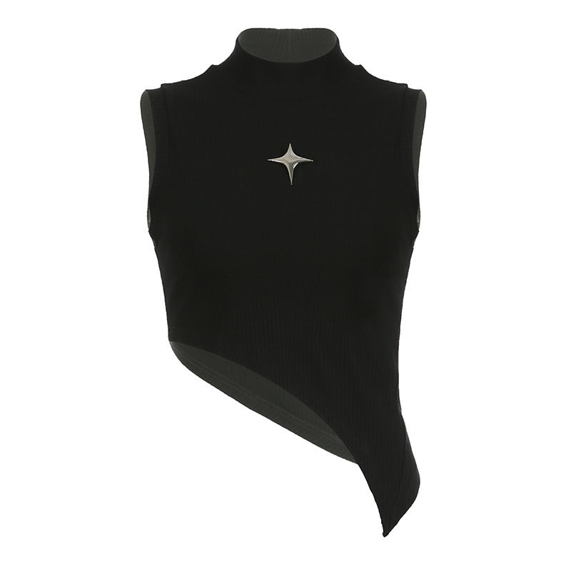 Damen modernes asymmetrisches Oberteil mit elegantem Stehkragen und metallischen Akzenten EB