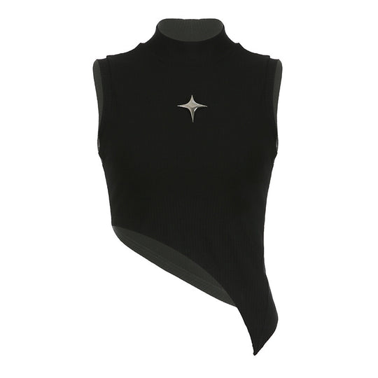 Damen modernes asymmetrisches Oberteil mit elegantem Stehkragen und metallischen Akzenten EB