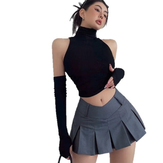 Damen Langarm Crop-Top mit Stehkragen und figurbetontem Schnitt EB