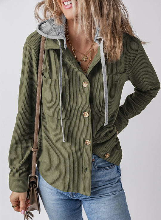 Damen lässige Oversized-Hemdjacke mit Kapuze und strukturiertem Stoff EB