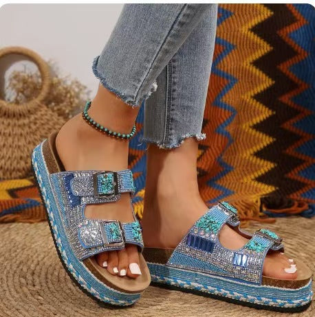Damen Bequeme Riemensandalen mit Funkelnden Akzenten und Verstellbaren Riemen EB