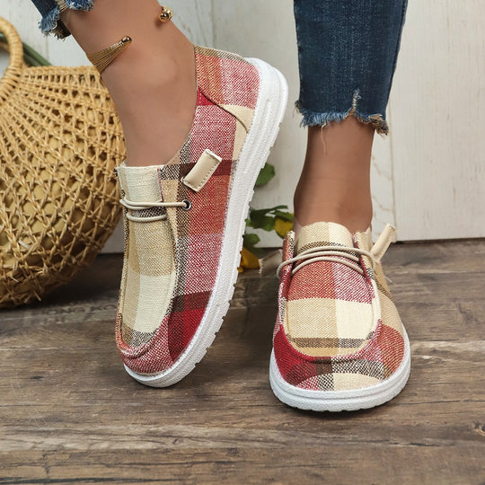 Damen Mokassin-Slipper mit kariertem Obermaterial und modischem Schnürdetail EB
