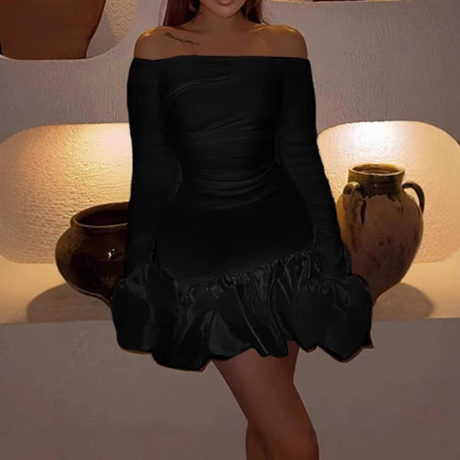 Damen Romantisches Off-Shoulder Minikleid mit Puffärmeln und Rüschensaum EB