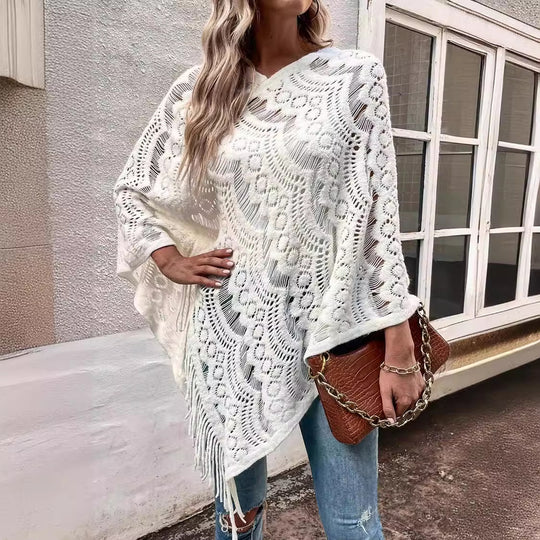 Damen eleganter Poncho mit dekorativem Häkelmuster EB