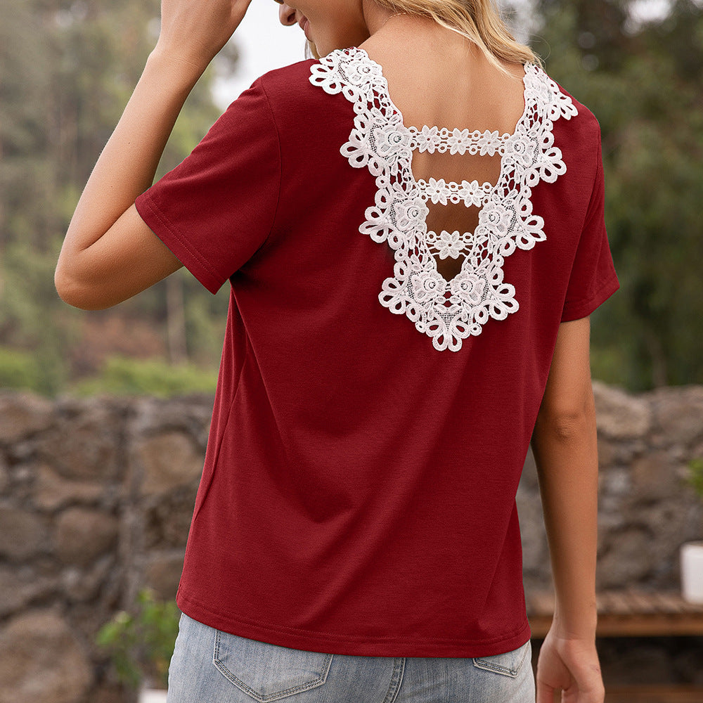 Damen T-Shirt mit Spitzen-Detail und V-Ausschnitt EB