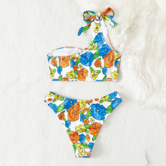 Damen Einseitiger Bikini mit floralem Design und verstellbarem Träger EB