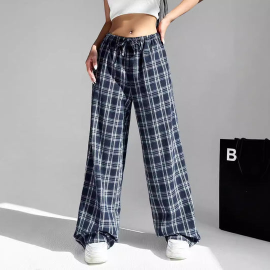 Damen weite Karo-Hose aus angenehmem Baumwollstoff mit Gummibund und seitlichen Taschen EB