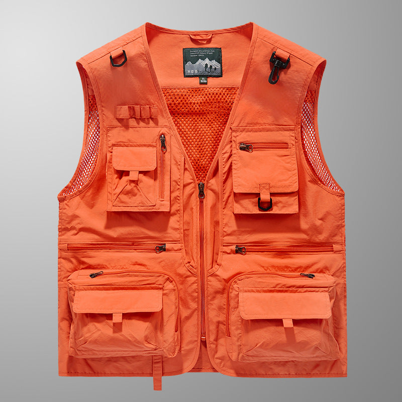 Herren multifunktionale Angler-Utility-Weste mit Mesh-Einsätzen, D‑Ringen und zahlreichen Reißverschluss- und Klappfächern EB