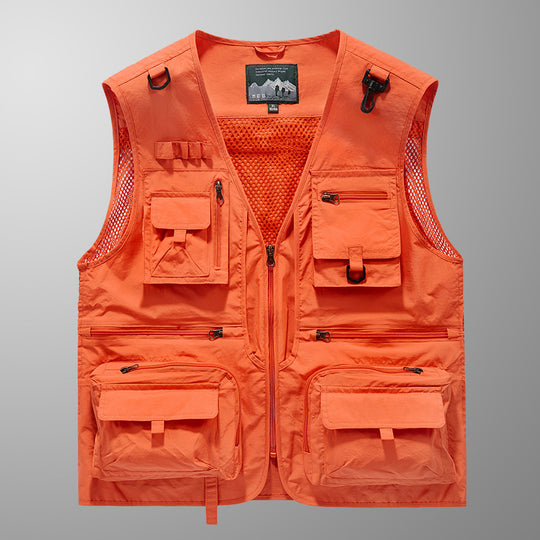 Herren multifunktionale Angler-Utility-Weste mit Mesh-Einsätzen, D‑Ringen und zahlreichen Reißverschluss- und Klappfächern EB