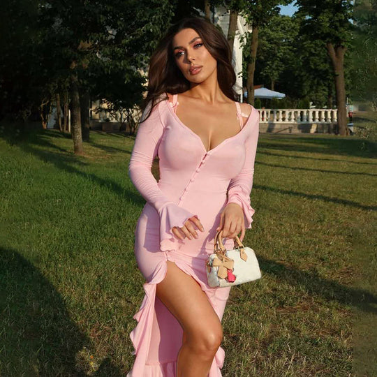Damen Elegantes Maxikleid mit Rüschen und Knopfleiste EB