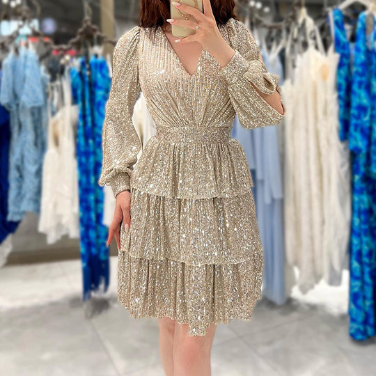 Damen festliches Mini-Kleid mit funkelnden Pailletten und voluminösen Ärmeln EB