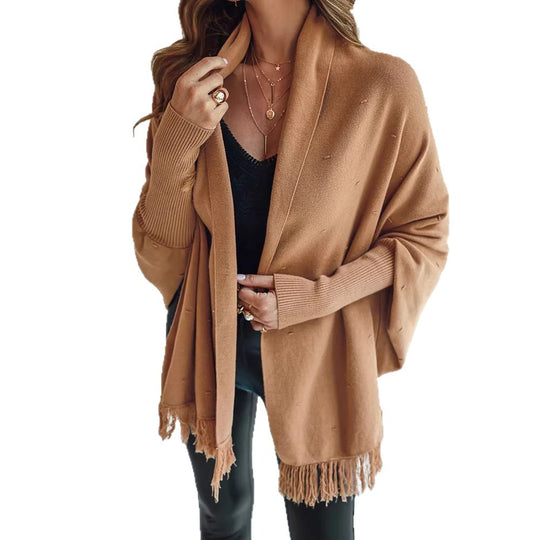 Damen Fransen‑Poncho‑Cardigan mit dekorativem Taillengürtel und Rippbündchen EB