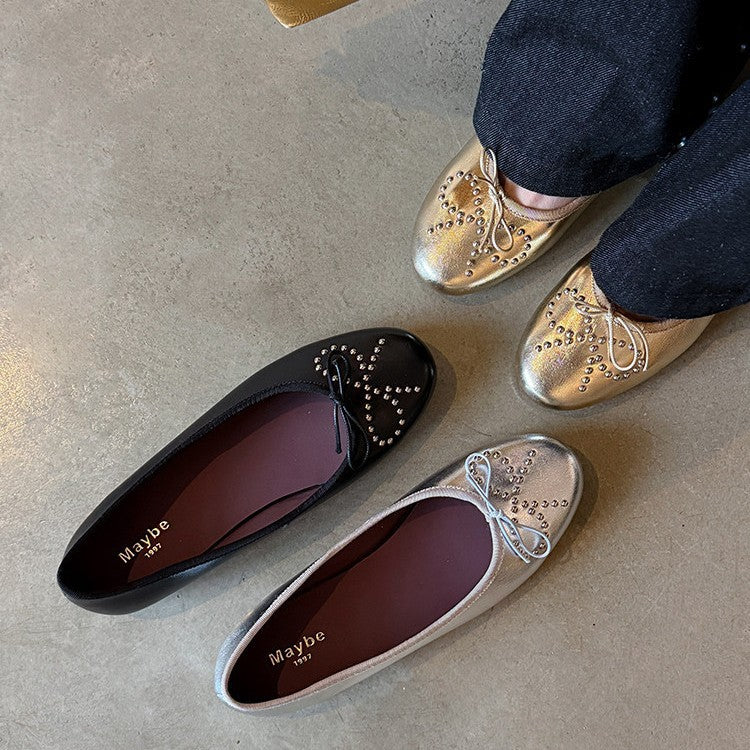 Damen Ballerinas mit schimmerndem Metallic-Obermaterial und Zierperlen EB