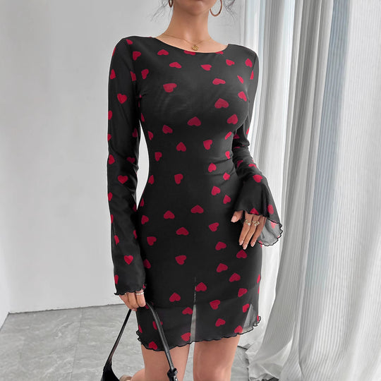 Damen Minikleid mit romantischem Herzmuster und langen Ärmeln EB