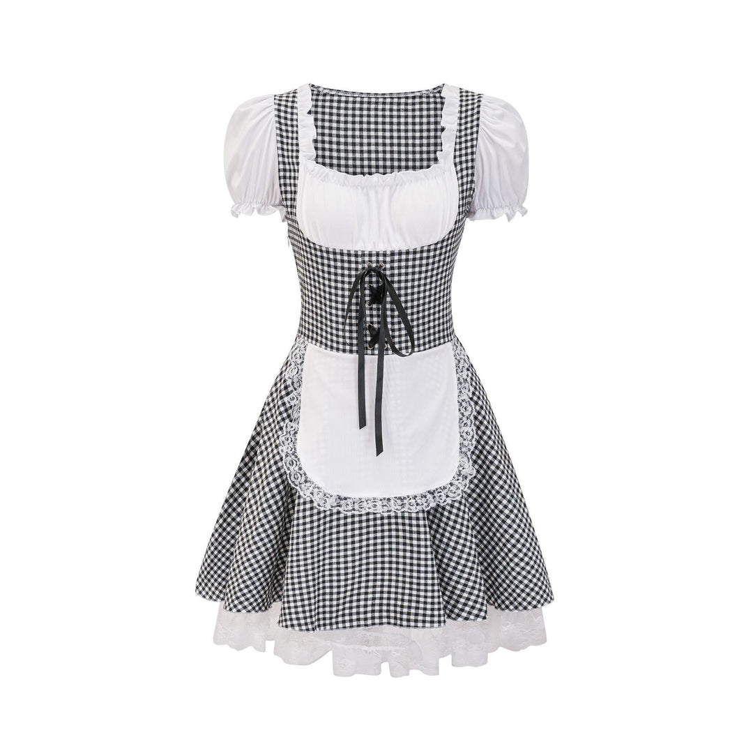 Damen nan Trachtenkleid im Vichy-Stil mit Puffärmeln, Schnürkorsett und Spitzenschürze EB