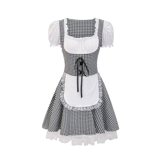 Damen nan Trachtenkleid im Vichy-Stil mit Puffärmeln, Schnürkorsett und Spitzenschürze EB