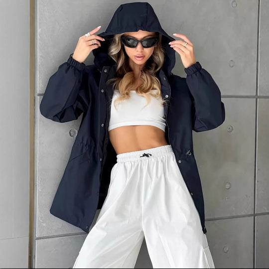 Damen nan wasserfeste Regenjacke mit Kapuze und Taillenzug EB