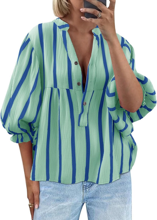 Damen oversize Bluse mit Streifenmuster und Knopfleiste EB