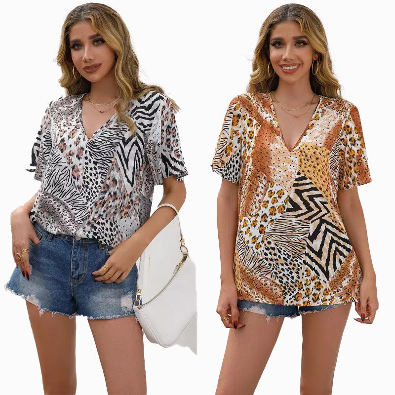 Damen Kurzarm Blusenshirt mit kreativem Tiermuster und V-Ausschnitt EB