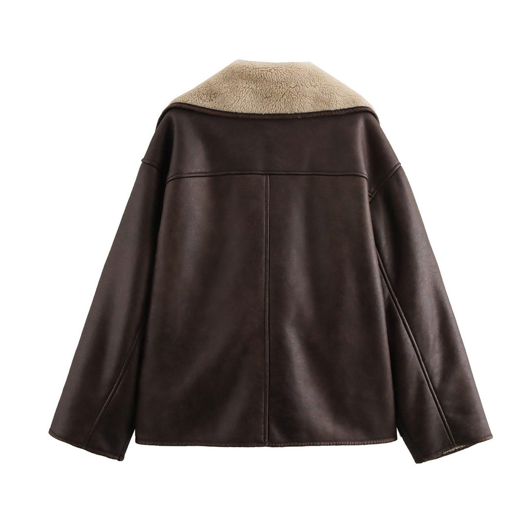 Damen Kunstlederjacke mit weichem Kragen und praktischen Taschen EB