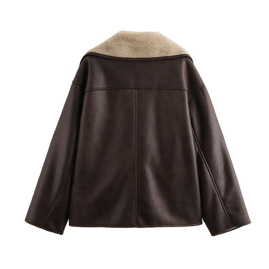 Damen Kunstlederjacke mit weichem Kragen und praktischen Taschen EB