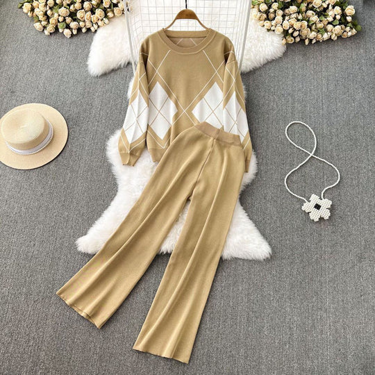 Damen elegantes Strick-Loungewear-Set mit Rautenmuster und weitem Bein EB