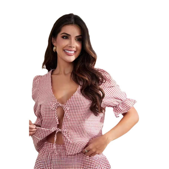 Damen Bluse mit Rüschendetails und Bindeband EB