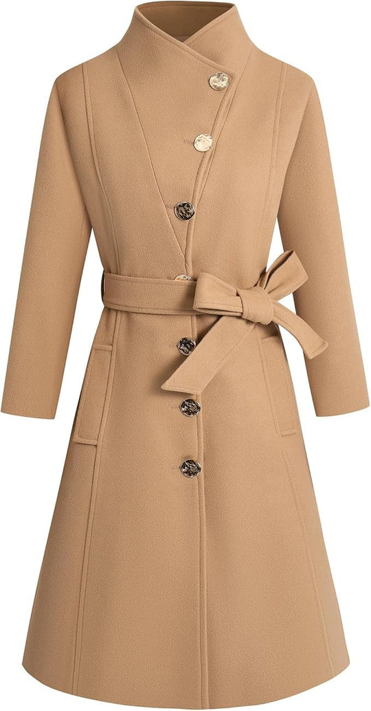 Damen eleganter Wrap-Mantel mit ausgefallenem Kragen und Gürtel EB