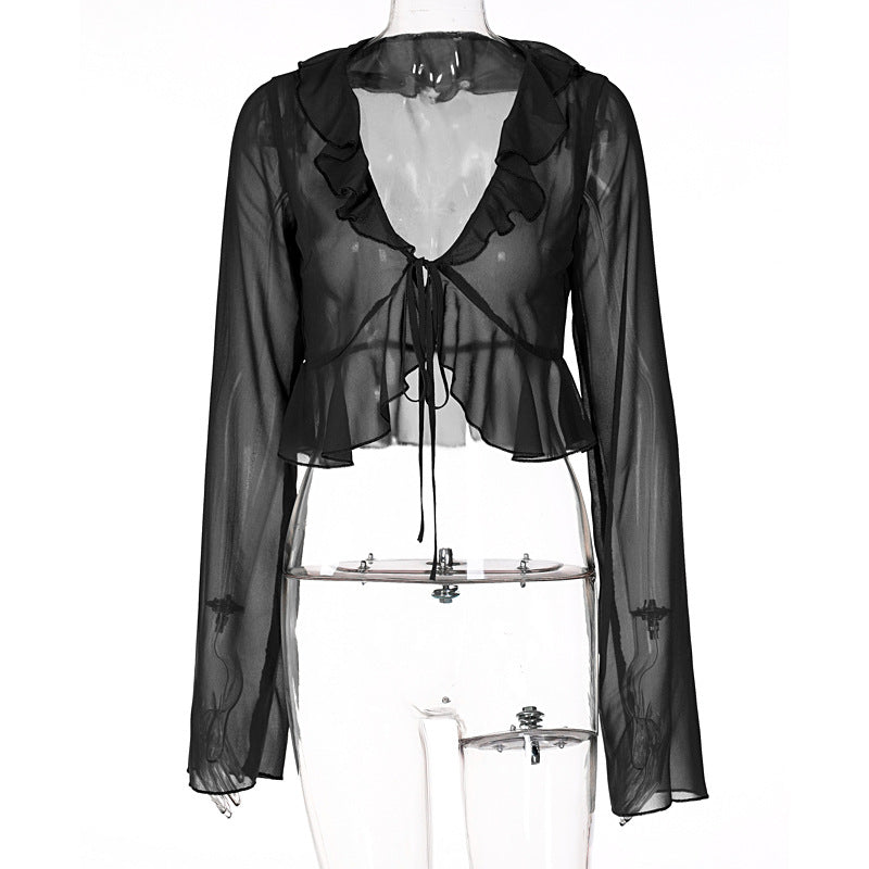 Damen Transparente Bluse mit Rüschen und Bindedetail EB