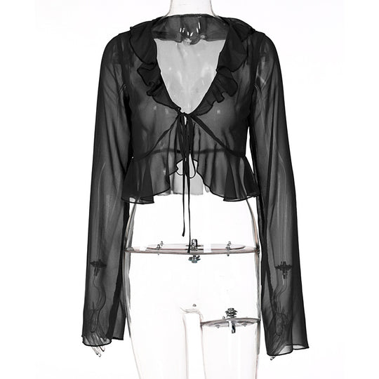 Damen Transparente Bluse mit Rüschen und Bindedetail EB