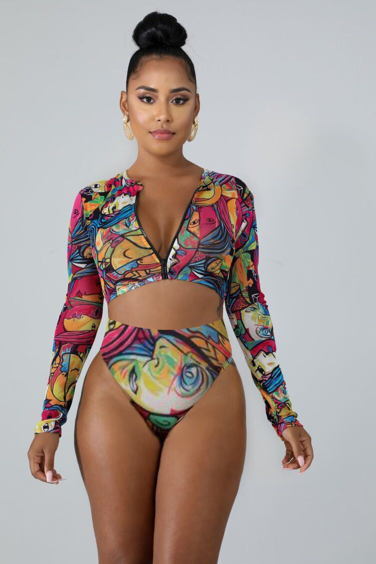 Damen Surf-Bikini-Set mit langärmeligem Oberteil und modischem Reißverschluss EB