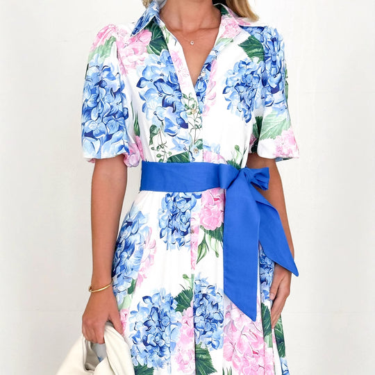 Damen Maxikleid mit botanischem Blütenmuster und tailliertem Bindegürtel EB