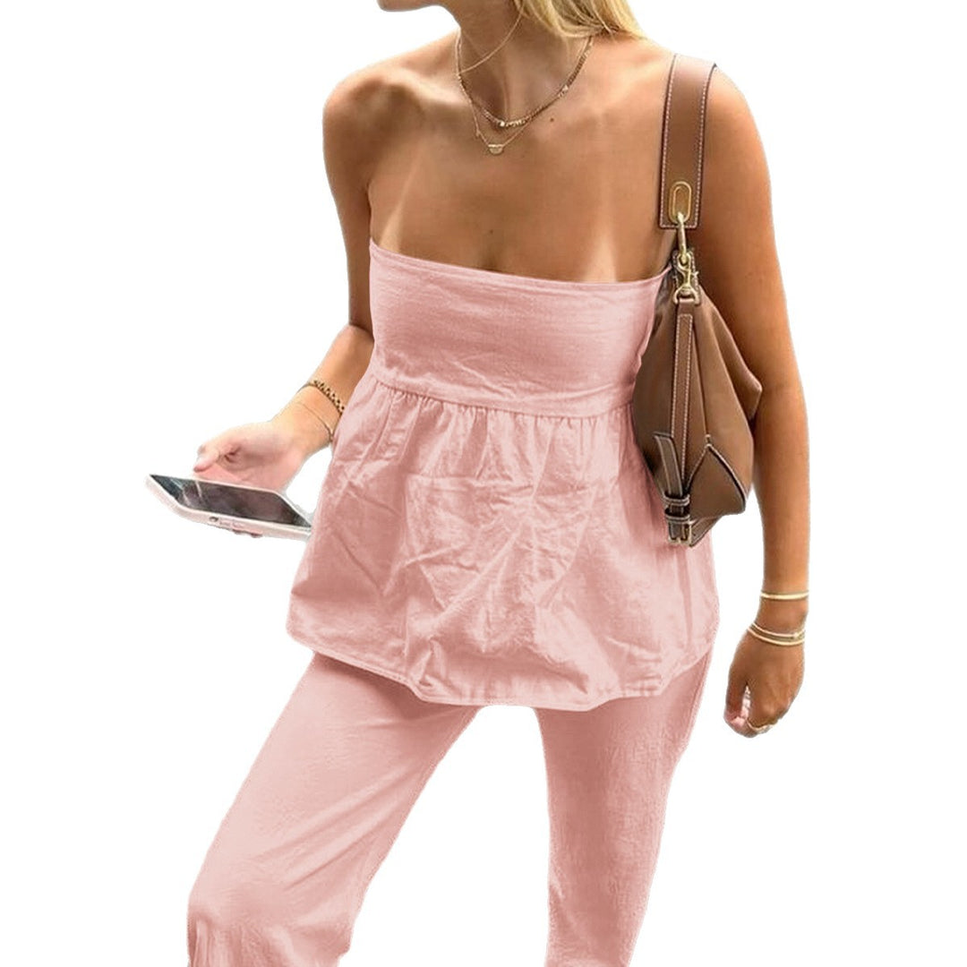 Damen Lässiges Zweiteiliges Set mit trägerlosem Top und weitem Hosen EB