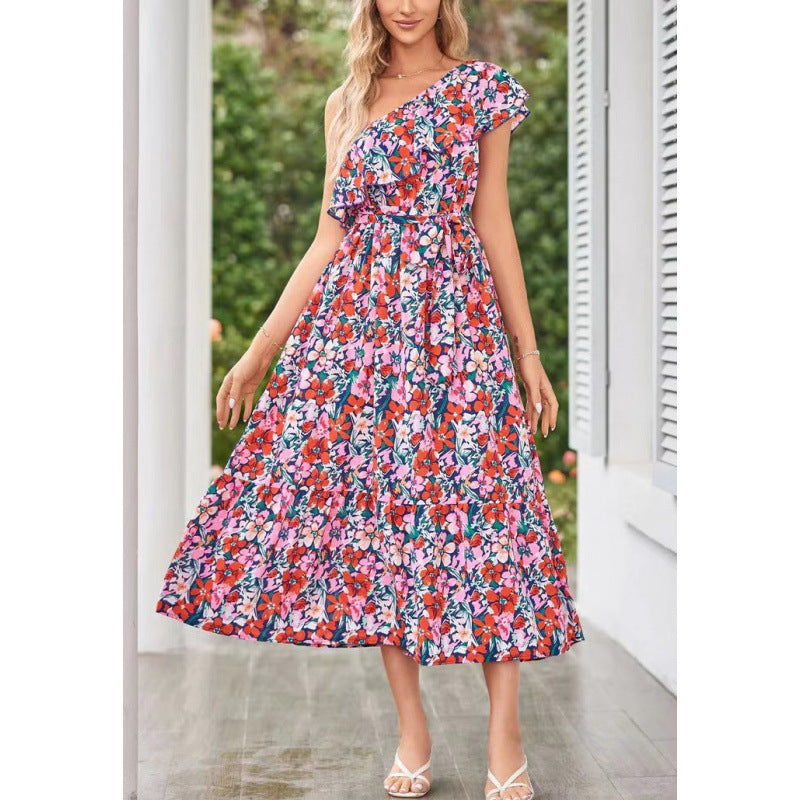 Damen Maxikleid mit asymmetrischem Schnitt und floralem Volantdesign EB