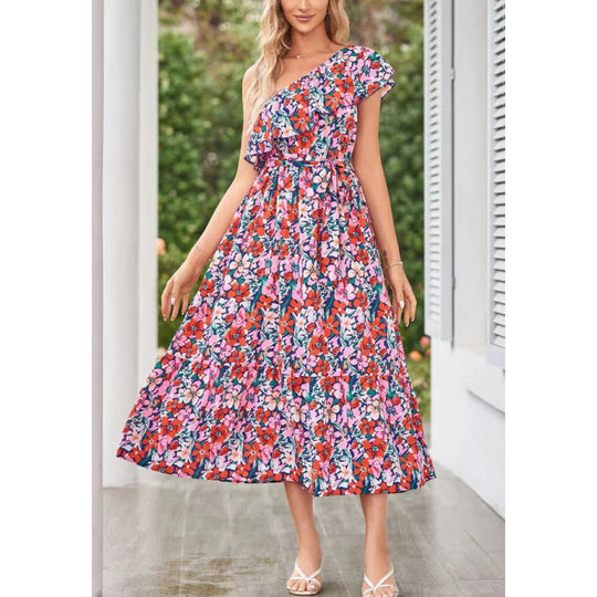 Damen Maxikleid mit asymmetrischem Schnitt und floralem Volantdesign EB
