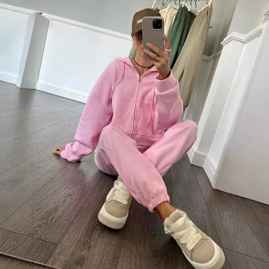Damen lässiges Kapuzen-Sweatshirt und Jogginghose Set in Oversize-Passform mit Reißverschluss und Kängurutasche Eichborn Berlin