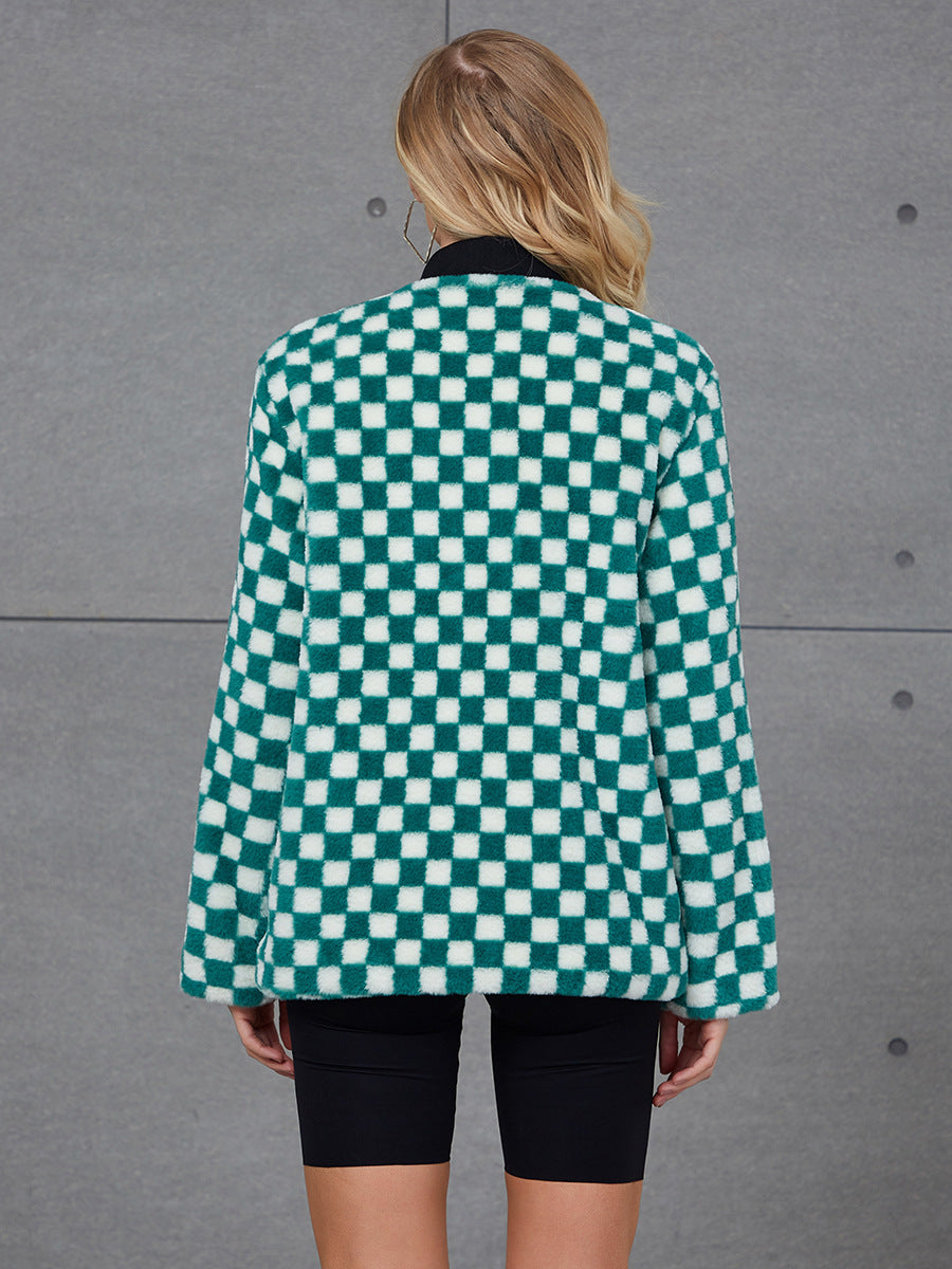 Damen Modische Kunstpelzjacke mit Karomuster und hohem Kragen EB