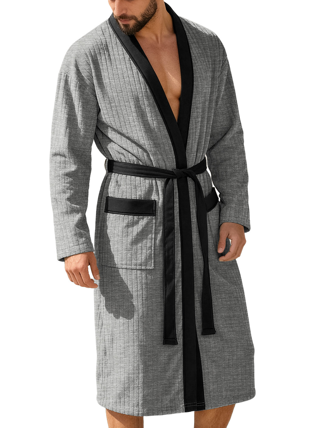 Herren nan wadenlanger Rippen-Bademantel im Kimono-Stil mit Schalkragen und Kontrastpaspel EB