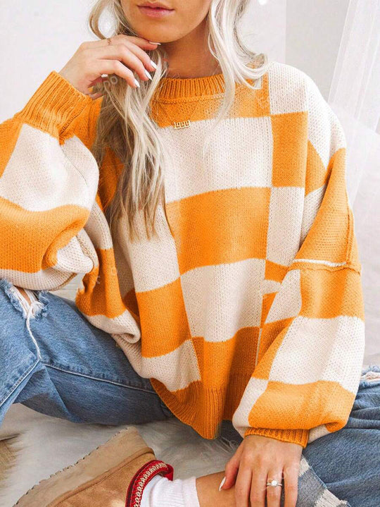 Damen modischer Pullover mit Karomuster und weitem Schnitt EB