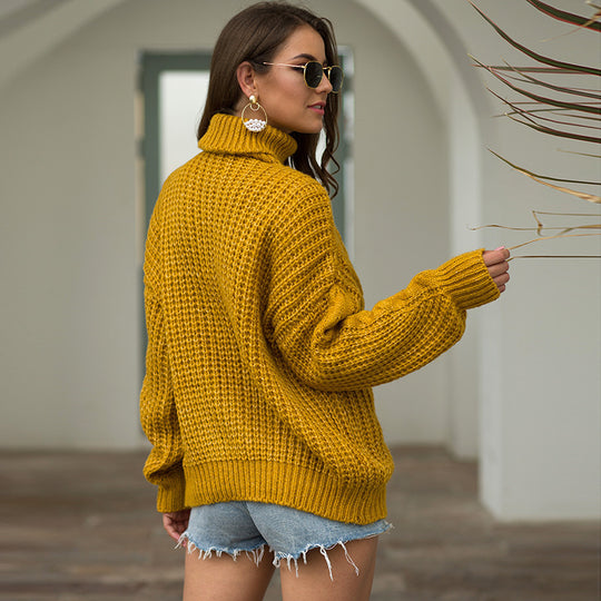 Damen Grobstrickpullover mit hohem Kragen und Zopfmuster EB