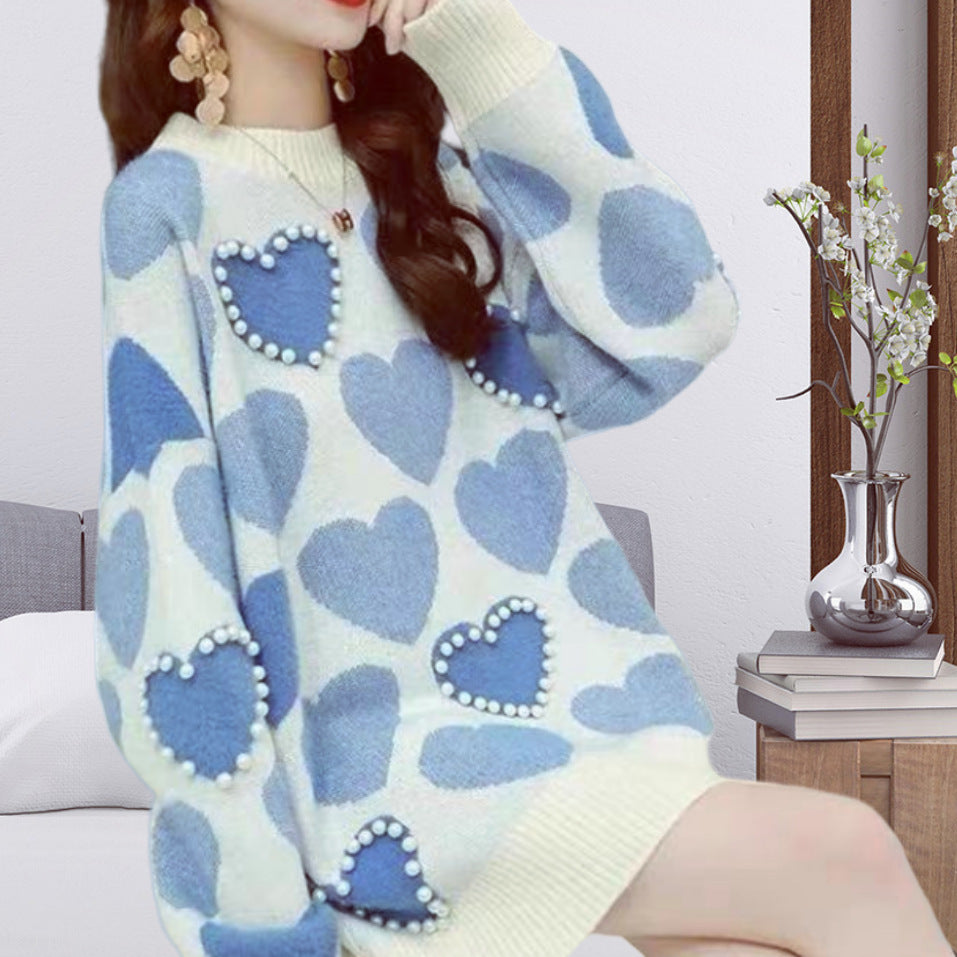 Damen Gemusterter Strickpullover mit Herz-Applikationen und Rippkragen EB