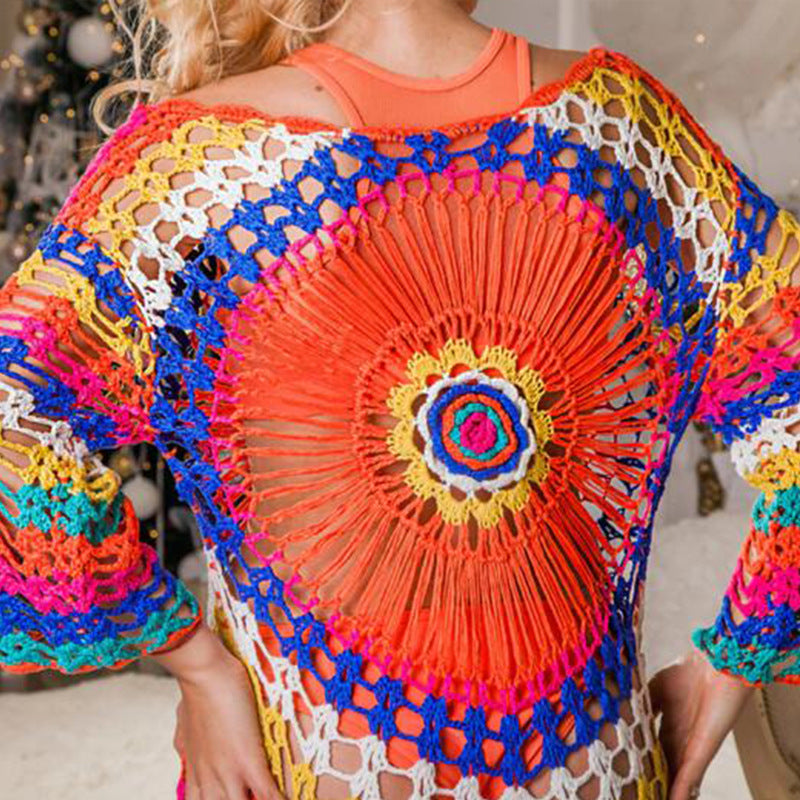 Damen Häkel-Strandüberwurf mit asymmetrischem Saum und buntem Muster EB