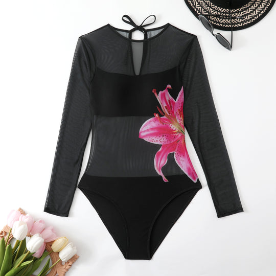 Damen Schwimmanzug mit langem Arm und elegantem Blumendesign EB