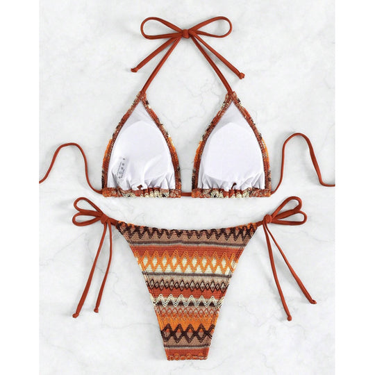 Damen Triangel-Bikini mit trendigem Ethno-Muster und verstellbaren Bindebändern EB