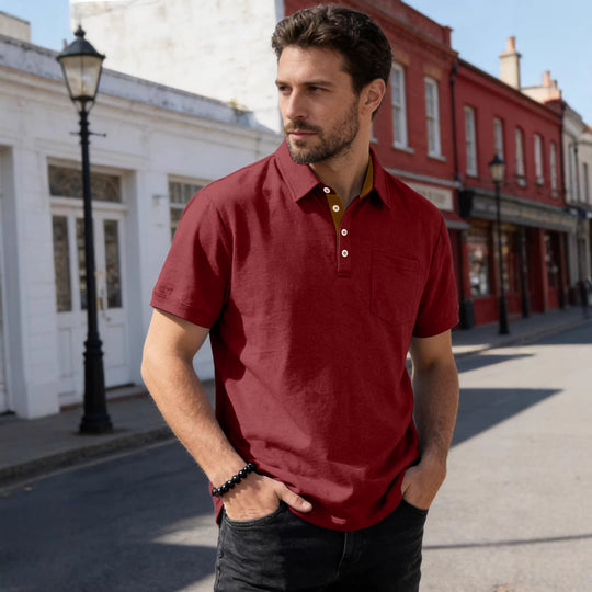 Herren nan Kurzarm-Polokragen-Shirt aus texturiertem Jersey mit Brusttasche und kontrastierter Knopfleiste EB