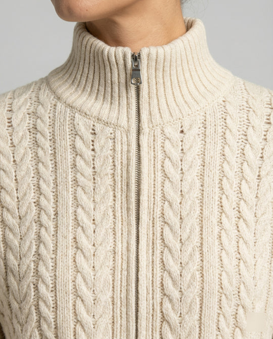 Damen Cropped-Strickblouson in Kabelstruktur mit Stehkragen und Zweiwege-Reißverschluss EB
