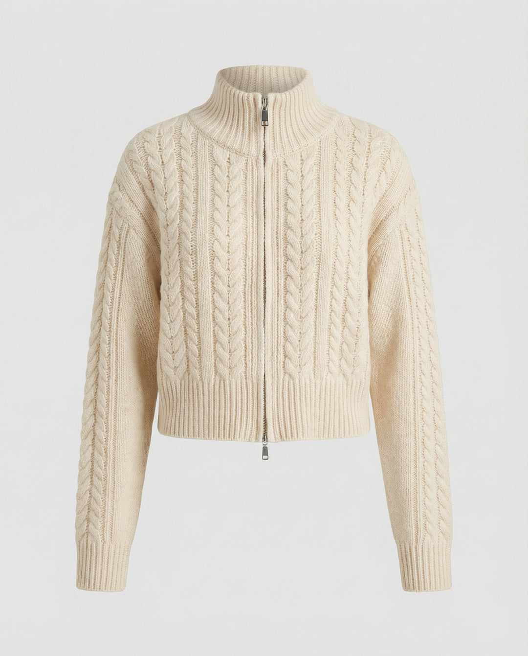 Damen Cropped-Strickblouson in Kabelstruktur mit Stehkragen und Zweiwege-Reißverschluss EB
