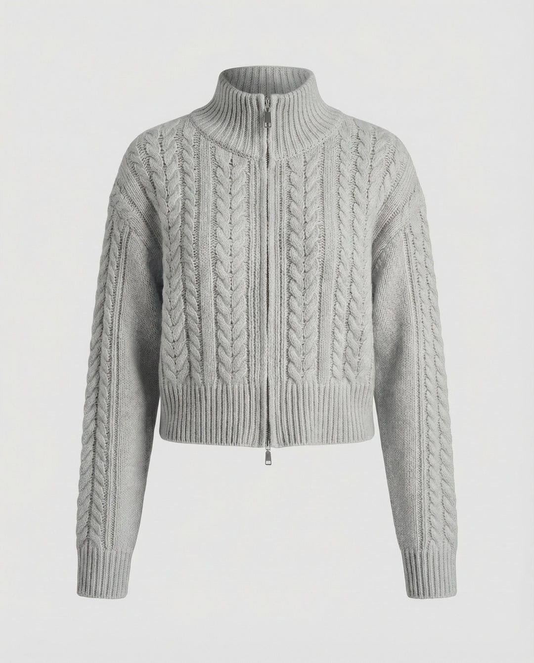 Damen Cropped-Strickblouson in Kabelstruktur mit Stehkragen und Zweiwege-Reißverschluss EB